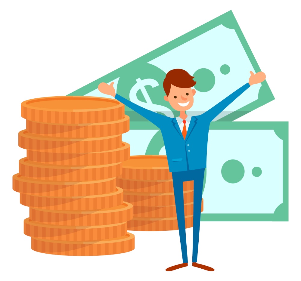 Dollars and coins, smiling worker with rising hands. Employee with income symbol or salary, earning money, payment or invest icon, finance element vector. Currency Dollar, Coins and Money, Worker Vector