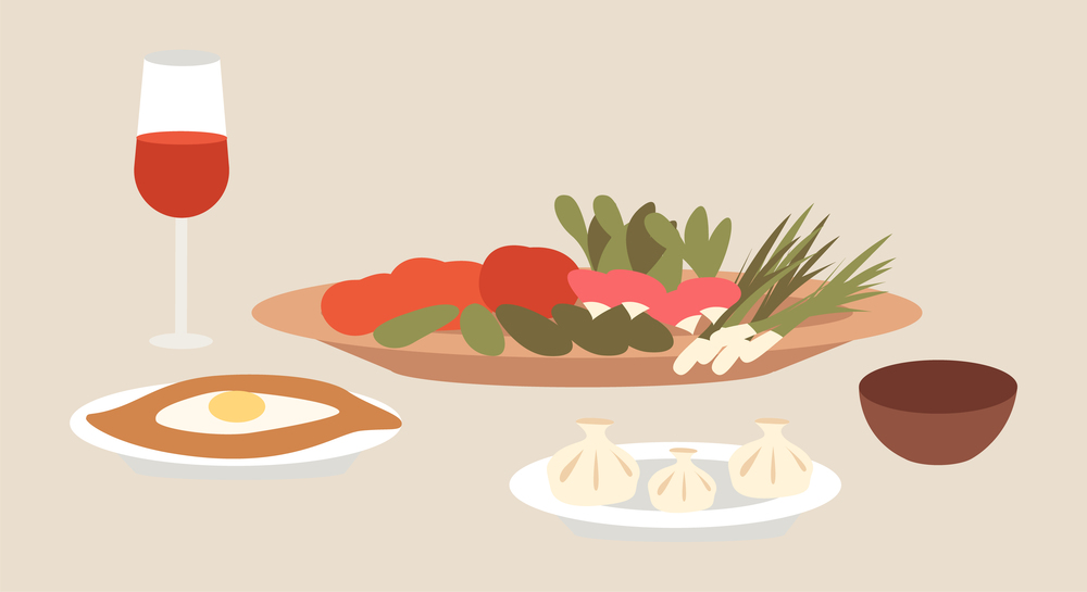 Template for cafe or restaurant. Local food emblem. Georgian cuisine dishes flat vector illustration. Demonstration of khachapuri and khinkali. Plate of sliced vegetables isolated on grey background. Georgian cuisine dishes vector illustration. Local food emblem. Khinkali and khachapuri on plates