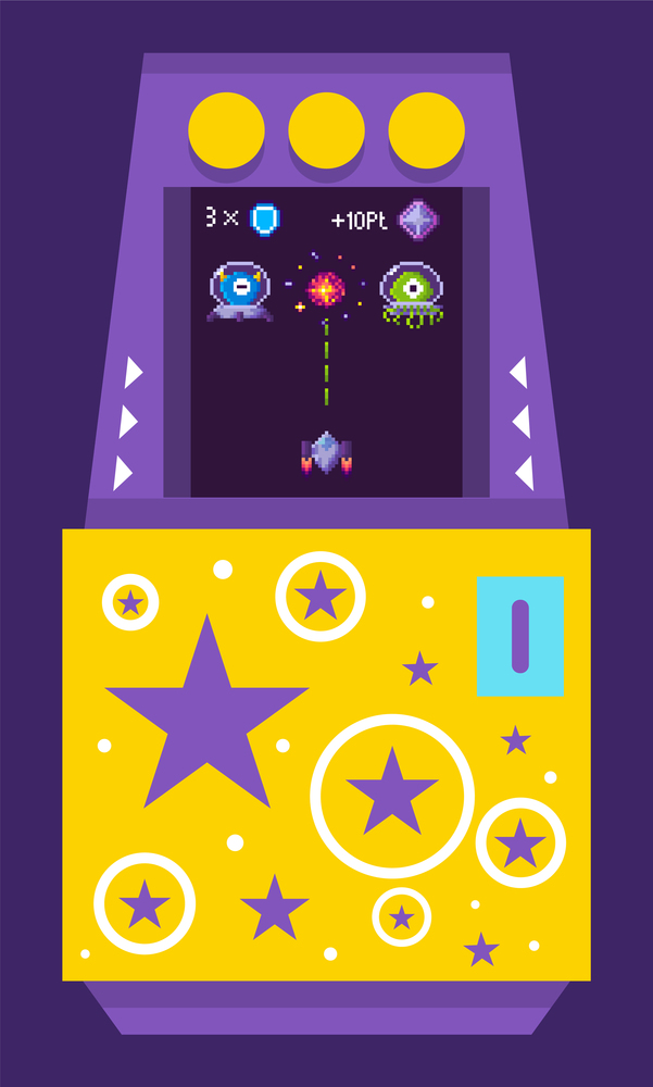 Classic arcade machine with monsters in space suits decorated with stars. Pixel aliens vintage video game vector. Spaceship shooting bullets vector illustration. 80s game. Arcade Game Machine with Alien Monsters Vector