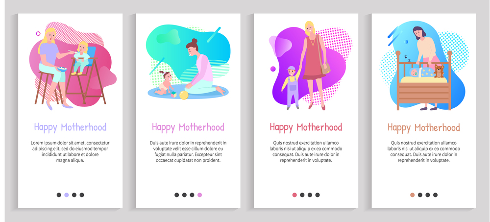 Mother and children together, happy motherhood slide, mom feeding kid, playing and walking, caring with baby, parent and child, family set vector. Website or slider app, landing page flat style. Parent and Child, Mother with Baby, Family Vector