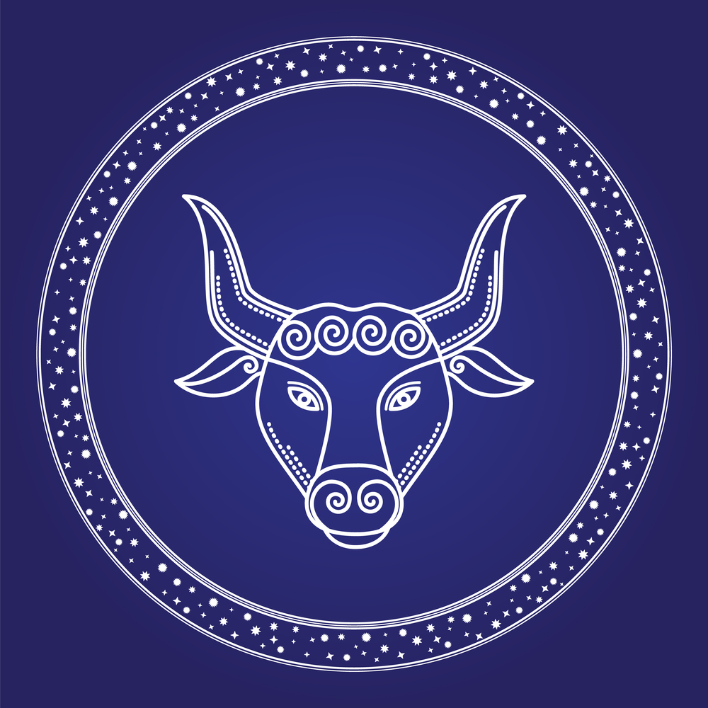 Astrology zodiac Taurus horoscope symbol in white circle. Zodiacal head of starry character with horns isolated on blue. Outline of calendar astronomy sign. Cosmos element stars in mystic shape vector. Taurus Zodiac Astrology Horoscope Card Vector