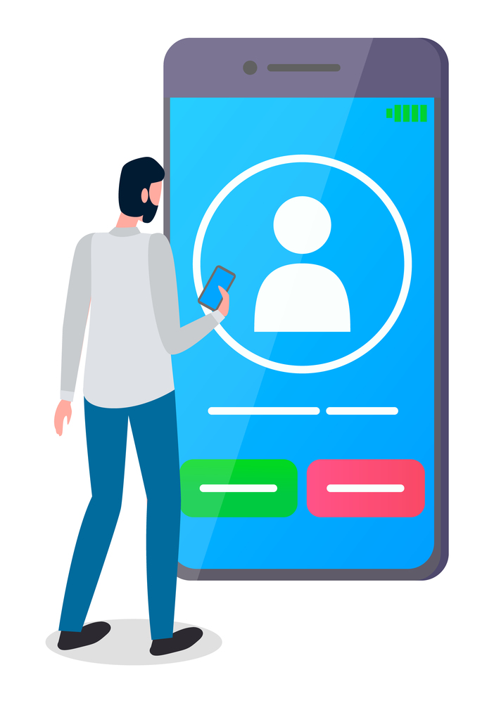 Man, back view, stands in front of cartoony huge screen smartphone with flat human icon. Video call. Virtual communication, social networks, chat. The guy chatting using modern digital device. Guy stands in front of huge smartphone screen and video chatting. Big white human silhouette