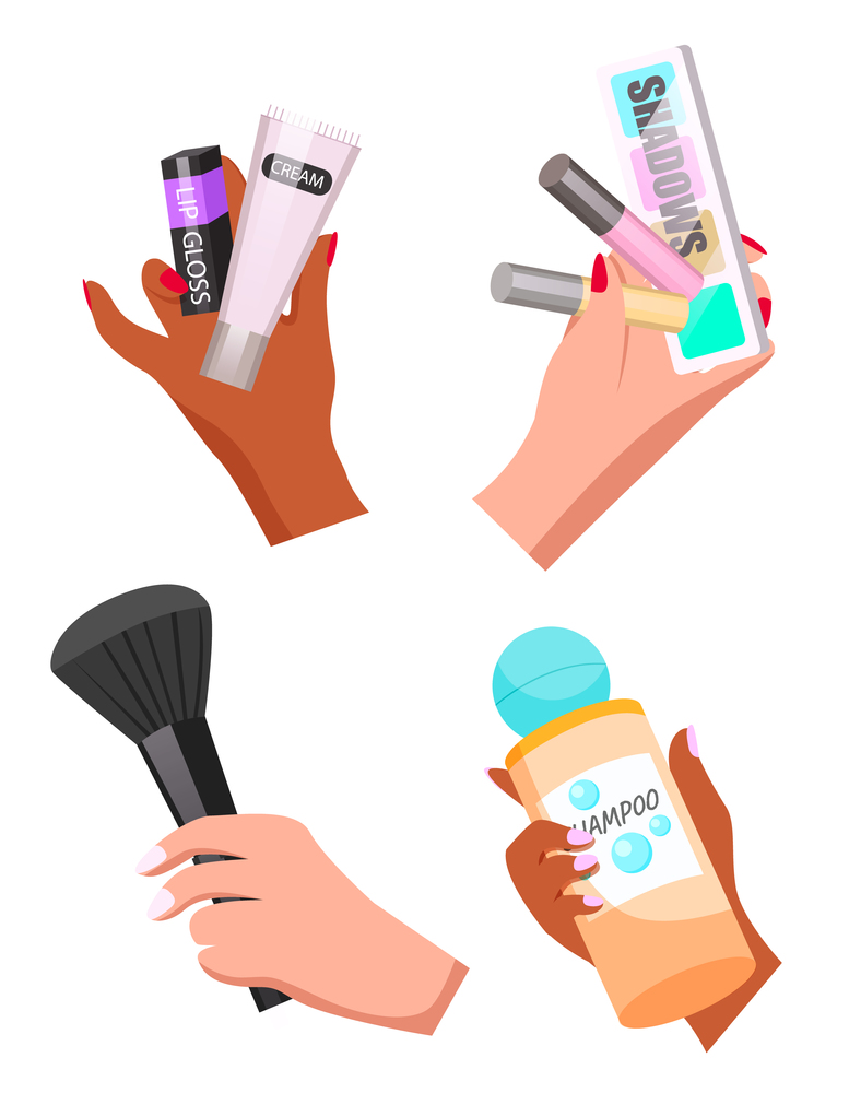 Female hands hold different cosmetics for face skin and hair care. Makeup, fashion and beauty image. Set of shampoo, powder brush, lipstick, mascara, eye shadow in a graceful female hand with manicure. Female hands hold different cosmetics for face skin and hair. Makeup, fashion and beauty image