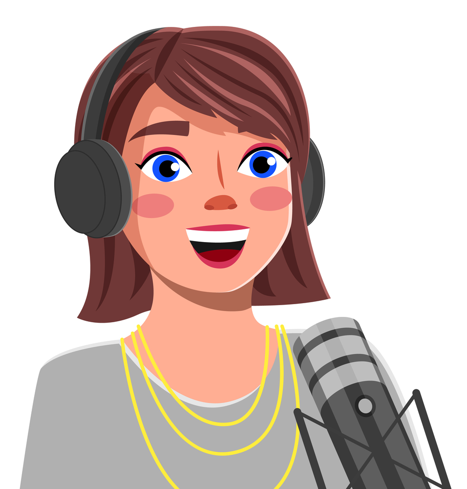 Young girl with headphones singing a song or talking to a microphone vector illustration. Recording a song in a sound studio. Cute smiling woman engaged in a vocal course, record audio lesson. Young girl with headphones singing a song or talking to a microphone vector illustration