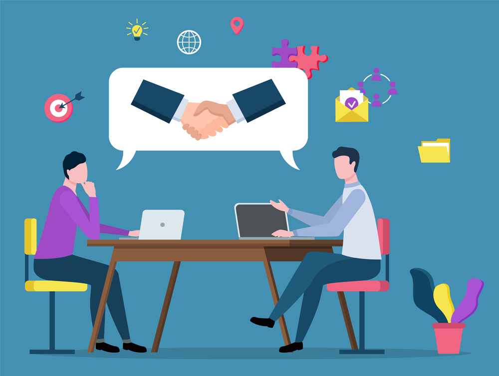 Workers deal, broker collaboration, marketing cooperation, Man and woman sitting at desktop with laptop, financial partnership, handshake icon vector. Broker Collaboration, Deal and Handshake Vector
