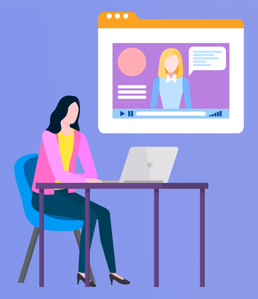 Communication with business partners on distance vector, telecommunication of woman. Client and seller, lady listening to tutor, conference online. Woman on Video Conference with Business Partner