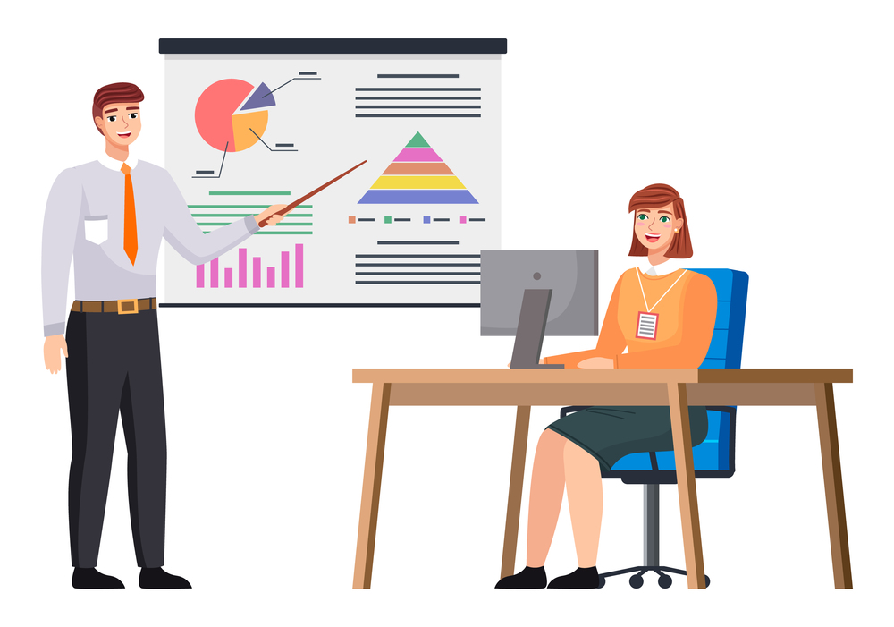 Businessman makes a presentation of a statistical report doing digital analysis charts. Planning business concept. Teamwork consulting for project management, financial reporting and strategy. Businessman makes a presentation of a statistical report. Analysis and planning business concept