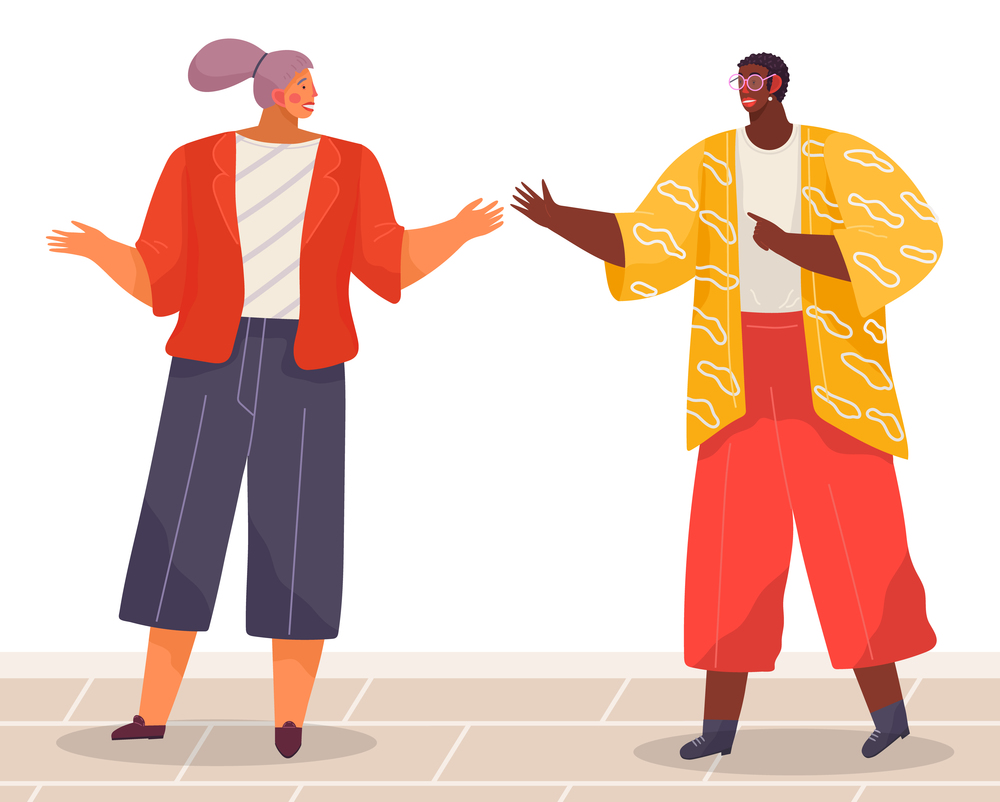 Business man and woman colleagues meeting, work together, negotiations partners flat illustration. People standinng indoor talking, consulting, communacating emotionally gesturing with hands. Business man and woman colleagues meeting, work together, negotiations partners flat illustration