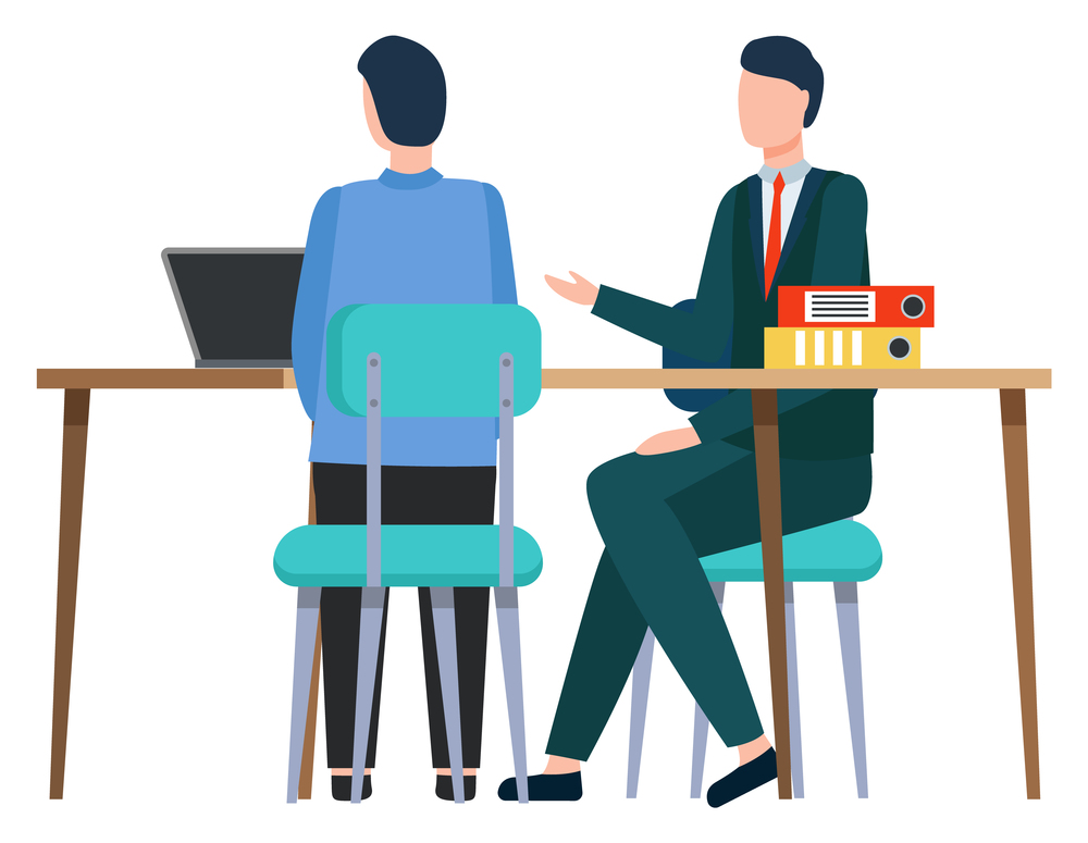 Man and worker sitting by table discussing business issues. Boss and employee with laptop brainstorming on meeting. Partners of company considering cooperation of organization. Vector in flat. Business Meeting of Partners, Boss and Employee