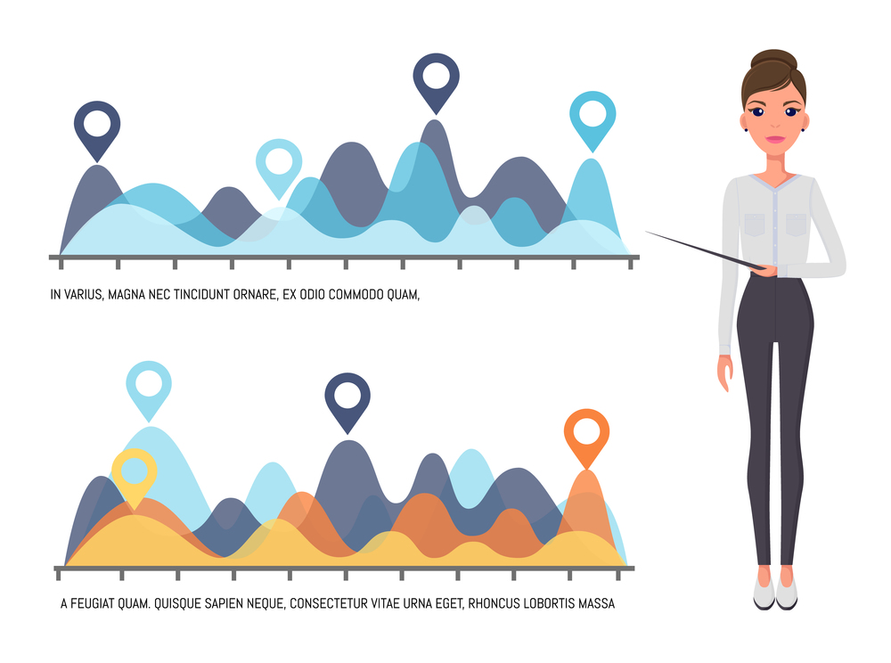 Young beautiful slender businesswoman points to a color wavy graph. Woman in a white blouse, black tight pants and high heels. Demonstration bar graphs and line graphs, business infographics. Businesswoman or top manager gives presentation. Female in strict clothes. Flat illustration