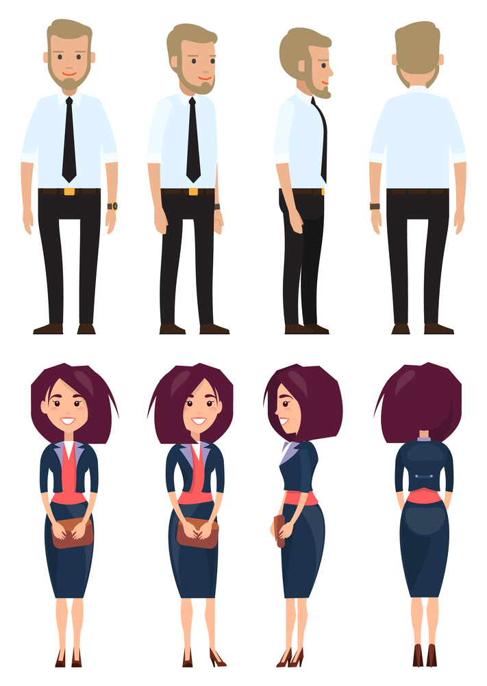 Stylish businessmen. Set of man and wooman characters front, side, back view. Bearded man in a shirt with a tie. Fashionable businesswoman in costume with clutch bag in hand flat style illustration. Stylish businessmen. Cartoon man and wooman characters in fashion clothes flat style illustration