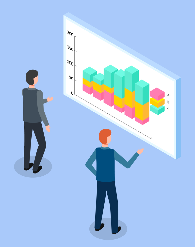 Isometric image of males, back view, standing in front of huge cartoon board with bar chart and scale, studying analytical data, white board screen. Traders monitoring information. E-commerce. Men istudying colorful bar chart with analytic data. Big board in the data. Isometric image