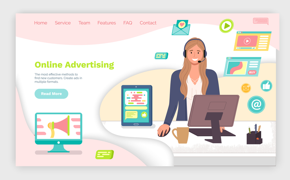 Online advertising and digital marketing, vector illustration landing page template concept for web page design. Girl operator of advertising agency in the workplace at the computer sits in headphones. Online advertising and digital marketing, vector illustration landing page, web page template