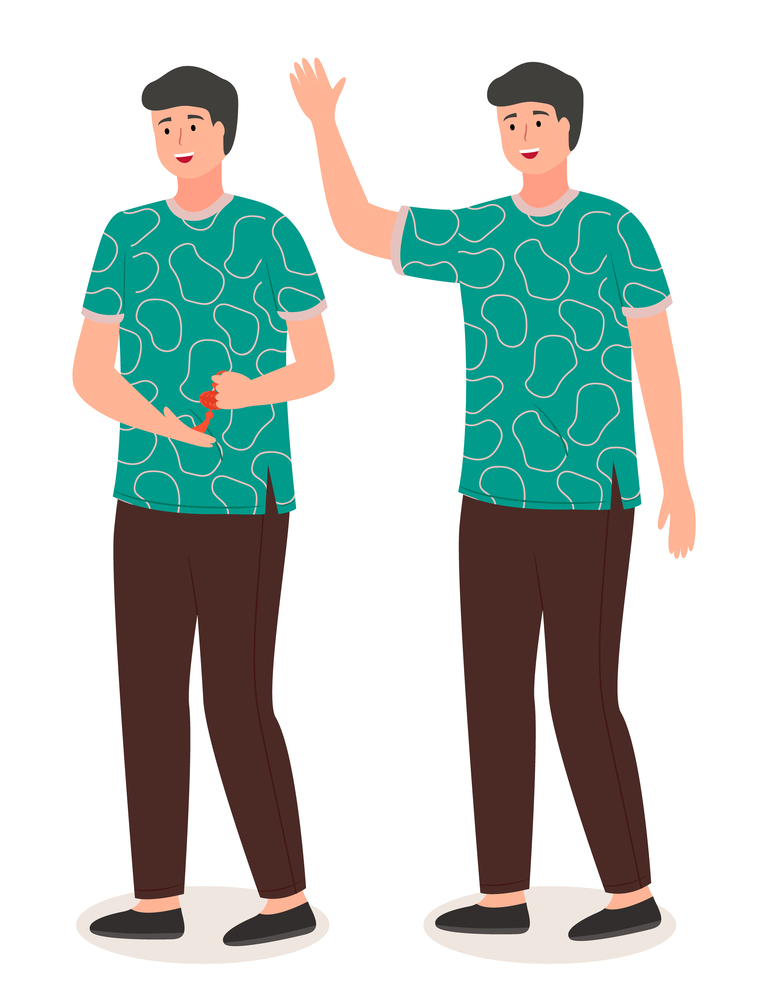 Young handsome man in casual clothes stands at full height, holding a chinese souvenir in his hands, vector flat illustration. Male character tourist in a Chinese city raised his hand and greeting. Young handsome man in casual clothes stands at full height, holding a chinese souvenir illustration
