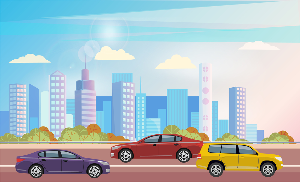 Cars riding at street vector, vehicle in city transportation. A lot of car in town on highway. Cityscape with high buildings and skyscrapers. Downtown with machine, automobile illustration flat style. Car at Street of City, Cityscape with Buildings