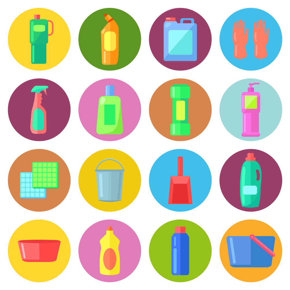 Set of bottles of household chemicals, supplies and cleaning, tools and containers for cleaning. Icons group of multicolored plastic flasks from chemical detergents, gloves, buckets, basins, rags. Set of bottles of household chemicals, supplies and cleaning, tools and containers for cleaning.