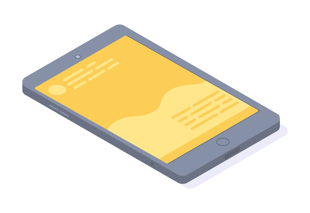 Smartphone grey with yellow touchscreen, chatting sms, application for communications template isolated on white. illustration of mobile phone with an open app on the screen, consultation with doctor. Smartphone grey with yellow touchscreen, chatting sms, application for communications template