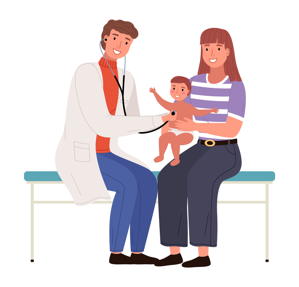 Mother and child visiting the doctor. Pediatrician with stethoscope listening to patient s heartbeat. Cartoon characters at the reception of the therapist in hospital. Man checks the health of baby. Mother and child visiting the doctor. Pediatrician with stethoscope listening to patient s heartbeat