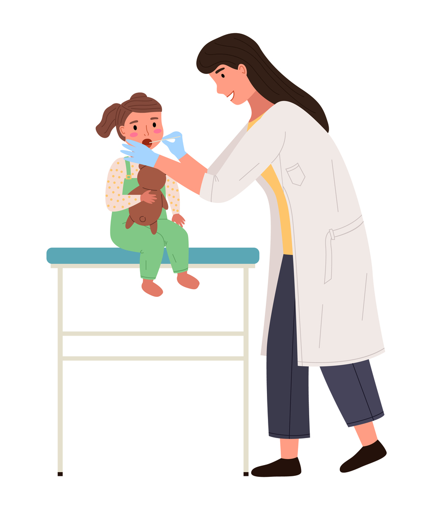 Pediatrician looks at the throat of a little girl with a special device. Doctor examines ill child. Cartoon female character holding a teddy bear at appointment with doctor. Physician works at clinic. Pediatrician looks at the throat of a little girl with a special device. Doctor examines ill child