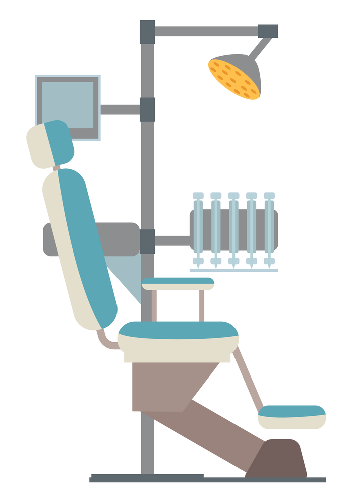 Dental chair with lighting lamp and tools vector illustration. Equipment in clinic for dental treatment. Dentist workplace in hospital isolated on white background. Office interior element for working. Dental chair with lighting lamp vector illustration. Equipment in clinic for treatment of teeth