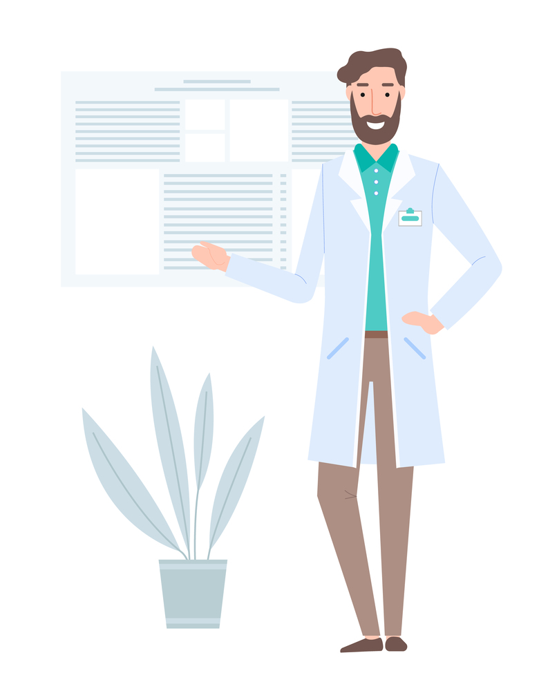 The doctor in a white coat with a badge works in a hospital. Bearded therapist in medical office. The male character smiles and raises his hand. Working day and pastime in a medical facility. A doctor in a white coat with a badge works in a hospital. Bearded therapist in medical office