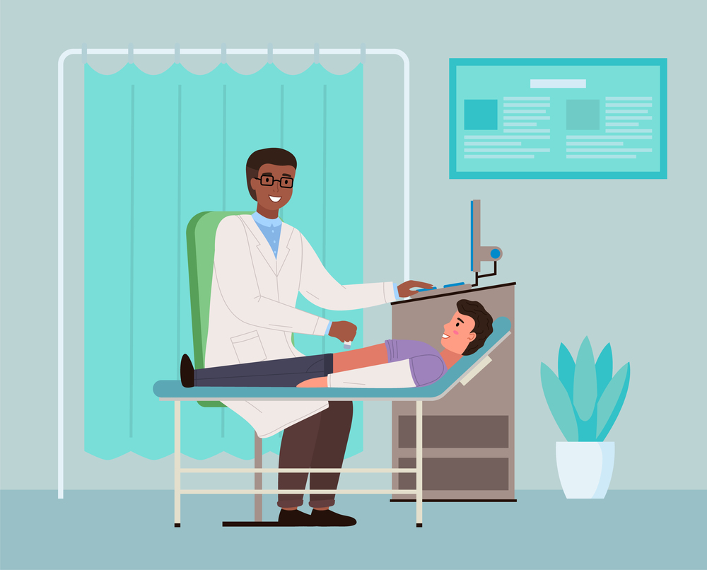 Consultation in the ultrasound office. Patient at the appointment with a gastroenterologist. Doctor conducts an ultrasound of patient s abdominal cavity. Physician works with special equipment. Consultation in the ultrasound office. Patient at the appointment with a gastroenterologist