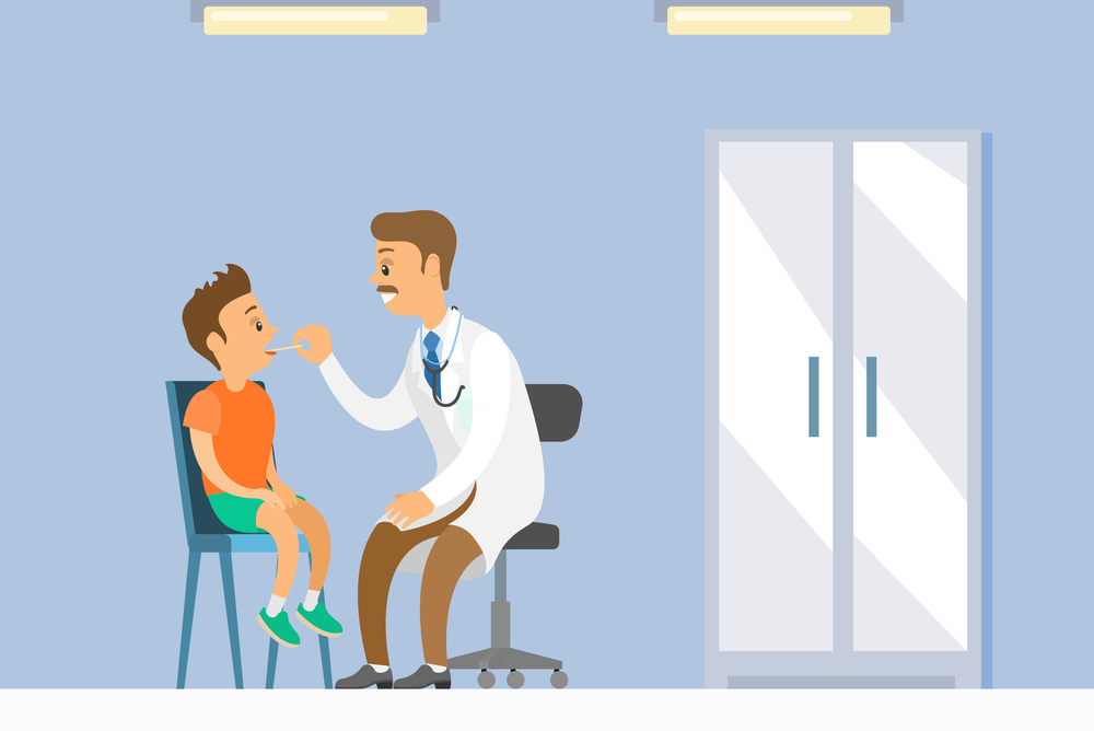 Kid on medical check-up with male pediatrician in hospital. Man doing physical examination of throat. Boy opens his mouth. Doctor treats the patient. Child in consultation with a physiotherapist. Kid on medical check-up with pediatrician in hospital. Doctor doing physical examination of throat