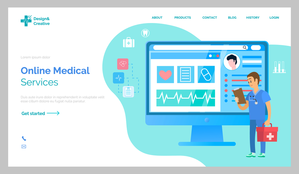 Program landing page template. App for providing medical service online. Paramedic holding first aid kit. Emergency doctor examines patient card. Website for analyzing state of health via the Internet. Program landing page template. App for providing medical services online. Paramedic examines a card