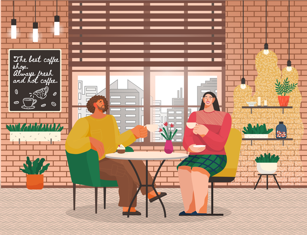 People drinking coffee and talking with each other in cafe. Man and woman on date or friends meeting. Coffeehouse cozy interior with decorations and houseplants. Vector illustration in flat style. People Drink Coffee in Cafe, Coffeehouse Interior