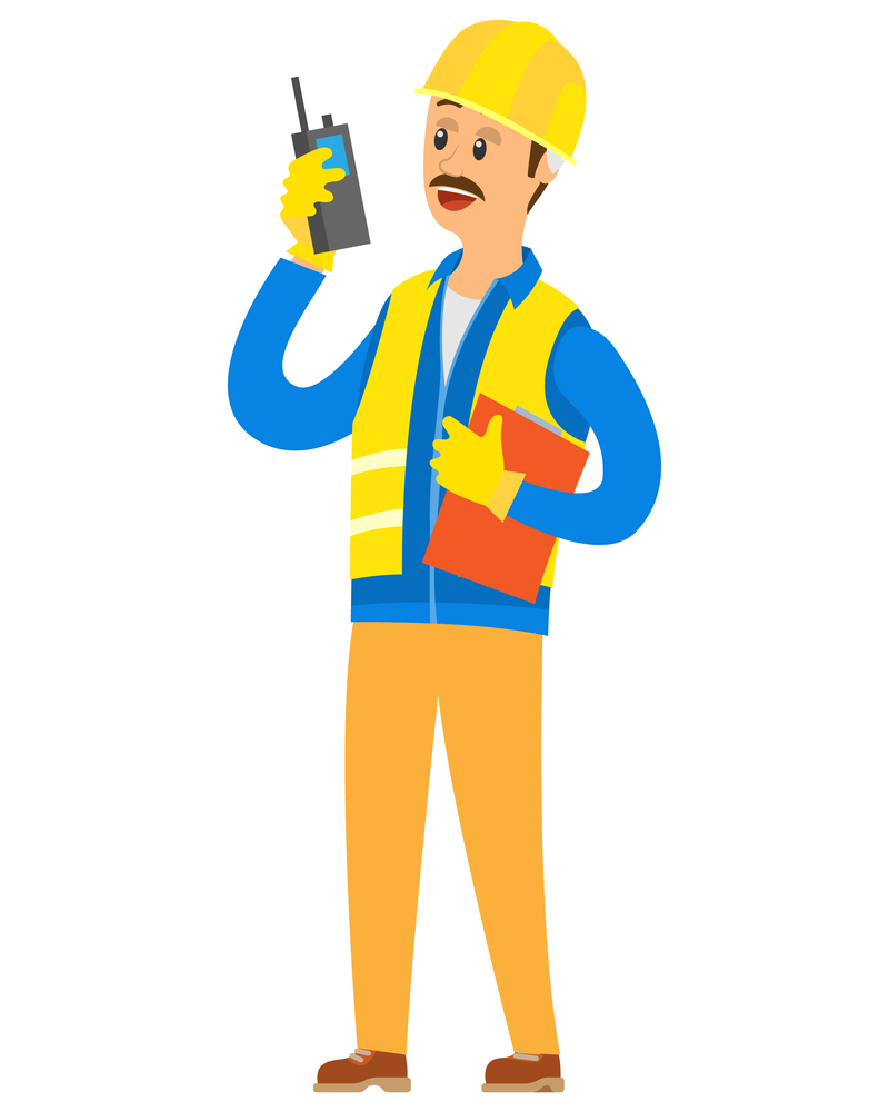 Contractor talking in walkie talkie, man manager wearing vest, helmet and gloves, builder or engineer holding radio set and paper report, building vector. Manager Speaking with radio Set, Contractor Vector
