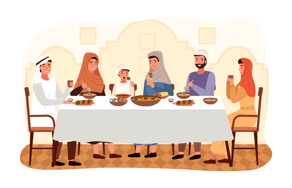 Dining table with falafel and hummus. Arrangement of furniture. People in national costumes are eating kosher food together. Arab family sitting at festive table and celebrating the holiday. People are eating kosher food at home. Arab family is sitting at festive table and communicating