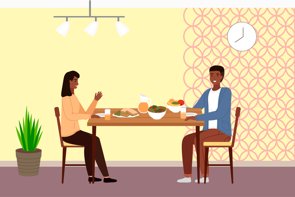 Table with fruit, salad and sandwiches. Family is eating natural food. Characters in relationship are having date in the restaurant. Afro American people are communicating and spending time together. Family is eating natural fresh food. Afro american people are having date together in the restaurant