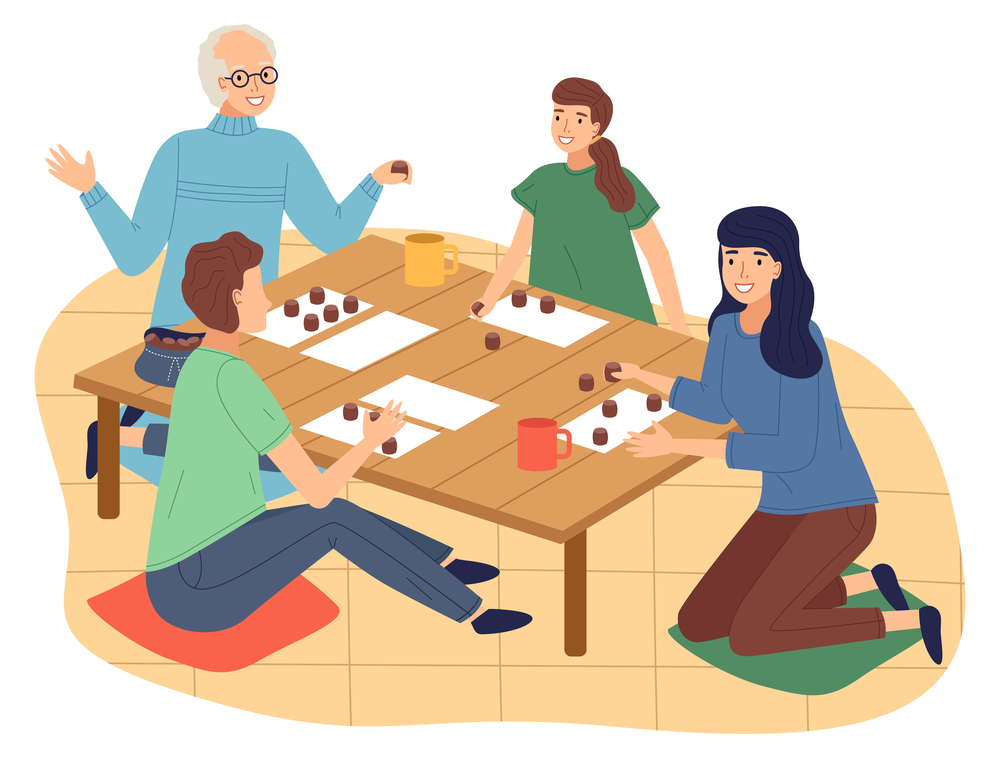 Happy family mother daughter grandparents sitting at table and playing board game or tabletop game lotto, spending time together at home. Family fun. Indoor entertainment for adults and children. Happy family mother, daughter, grandparents sitting at table and playing board game lotto