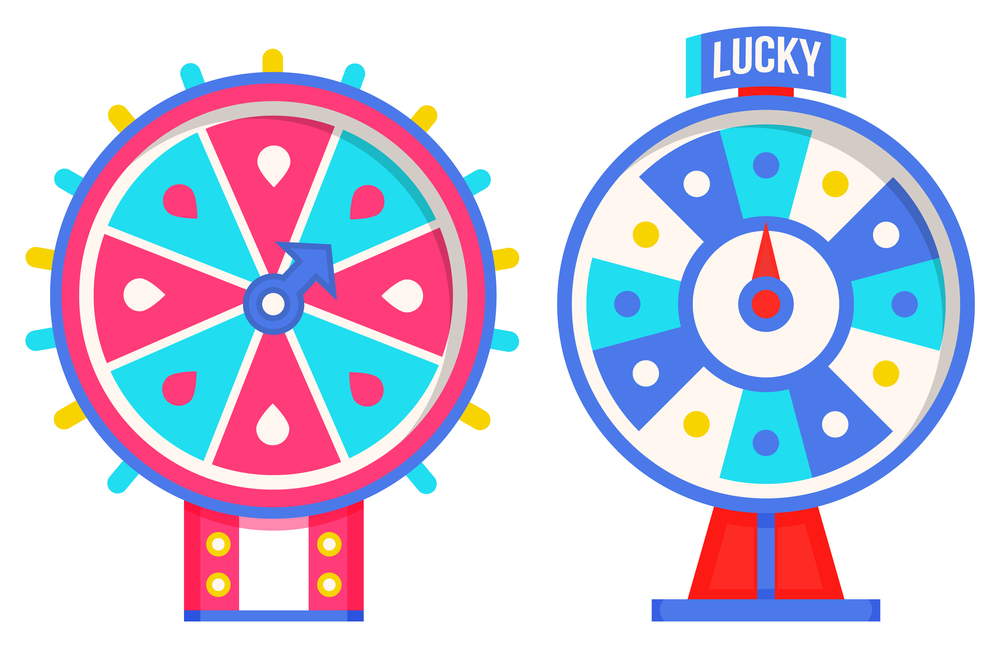 Set of fortune weels with winning numbers and multi-colored sectors, flat style illustration. Game fortune wheel concept. Casino and gambling vector. Illustration of casino fortune, wheel winner game. Set of wheel of fortune with winning numbers and sector bankrupt and bonus, flat style illustration