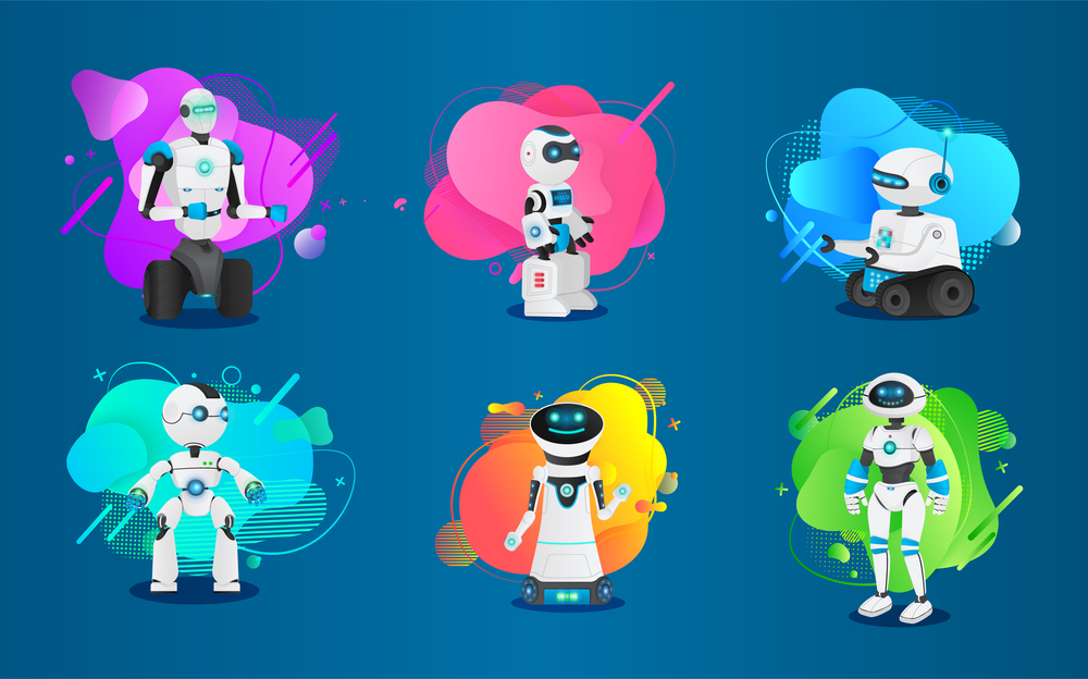 Set of futuristic robots, white cyborg in different equipment, science machine in various form human body, alien form with electronic computer control. Robocar on digital brigth color background. Set of futuristic robots, white cyborg in different equipment, science machine in various form