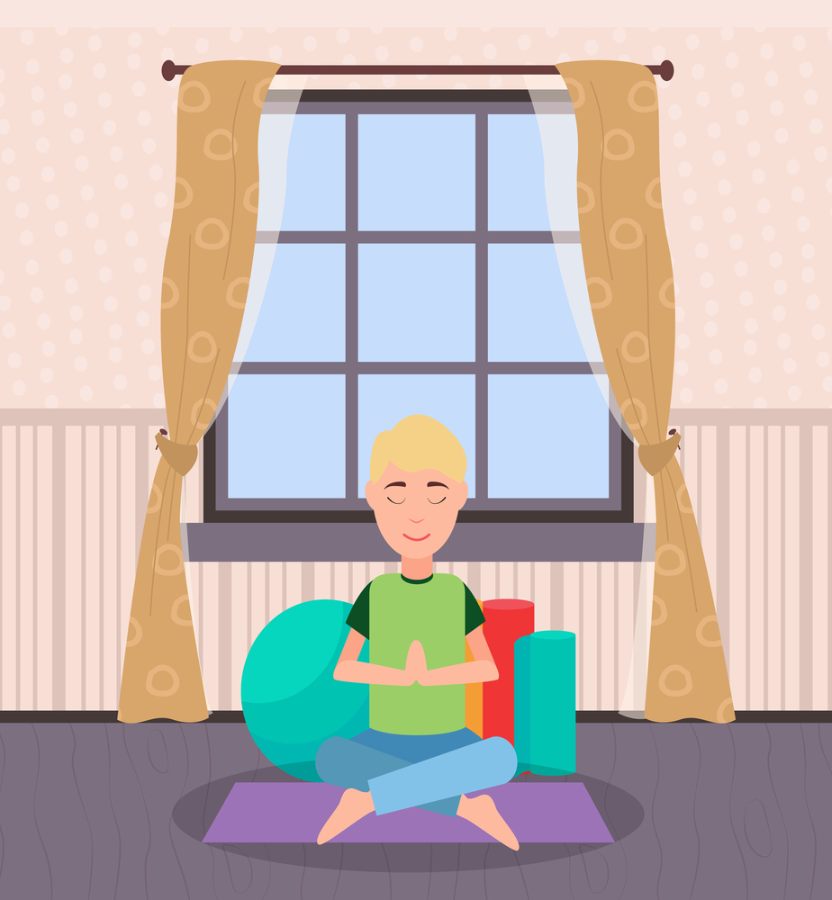 Male at home vector, person sitting on mat surrounded by soft pillows. Meditation and yoga, man in one pose leisure time, recreation and fun of people. Man Sitting on Special Mat Meditating Male at Home