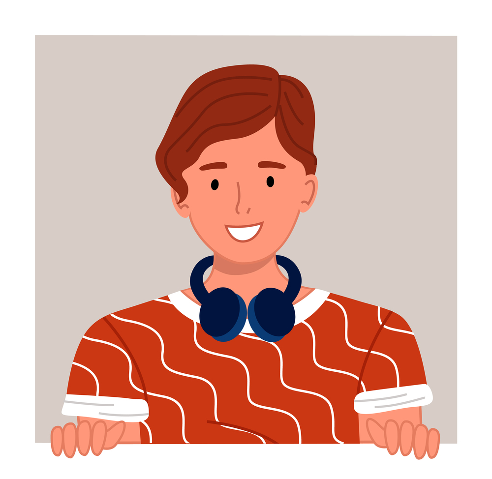 Cute man or young guy cartoon character with headphones worn around the neck. Smiling man character peek out the window, peeping. Music application and sound gadgets. Happy curious looking male. Cute man or young guy cartoon character with headphones worn around neck, flat vector illustration