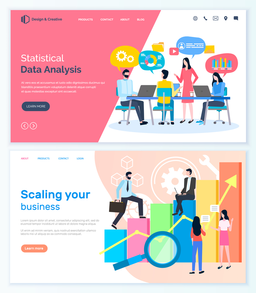 Statistical data analysis, scaling your business landing page decorated by man and woman workers using laptop, rising graph, successful team, people vector. Website or web-page template in flat style. Successful Teamwork, Analysis and Scaling Vector