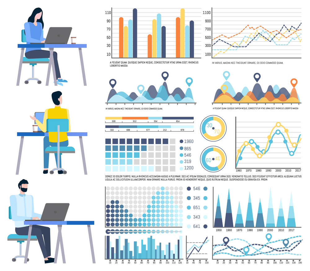 Graph and chart set, man and woman communication with laptop. Presentation of statistical, workers using computer, employee and diagram, office vector. Worker with Laptop, Chart Report, Statistic Vector