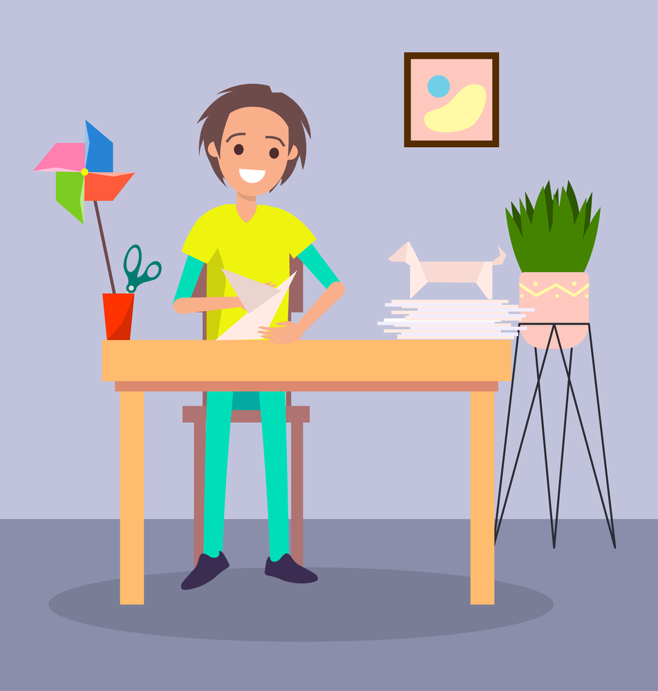 Little boy makes figurines from paper, origami, hobbies. Shape of bird, windmill stack. Man character making applique from paper. Creating art. Cutout hobby. Flat vector image, colorful background. The boy makes paper figures. The art of origami. Creative hobby. Stay home. Flat vector image