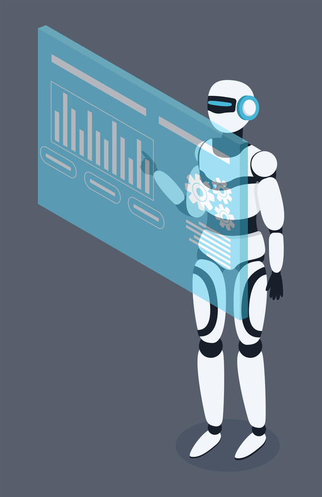 White robot vector illustration standing full length near futuristic digital hologram board. Science machine in human body form with electronic computer control. Cyborg alien with luminous element. White robot vector illustration standing full length near futuristic digital hologram board