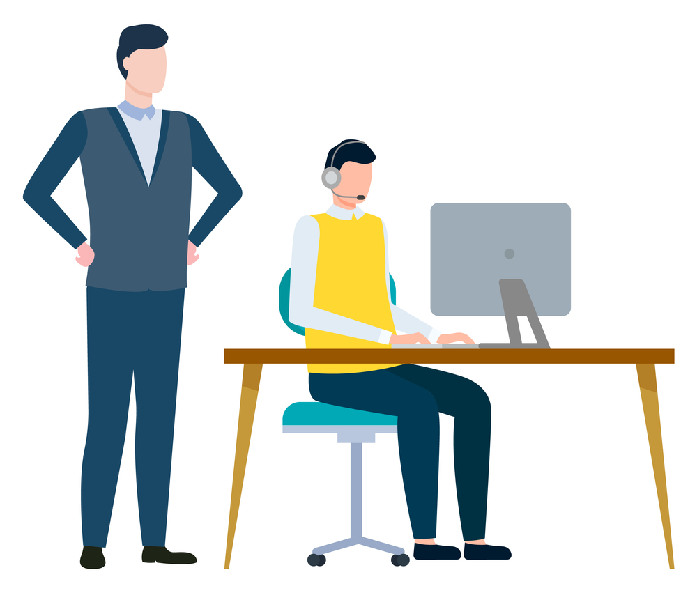 Working man vector, isolated male with employee flat style characters at work. Businessman supervising personage sitting by laptop lifestyle of people using innovative technologies at job illustration. Boss with Employer in Office, Businessman at Work