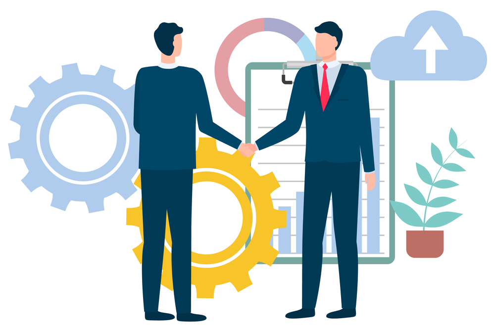 Business people in suits shaking hands. Partners cooperation. Greeting or agreement. Clipboard with rising graph. Join our team vector illustration. Businessmen in Suits Shaking Hands Vector Image