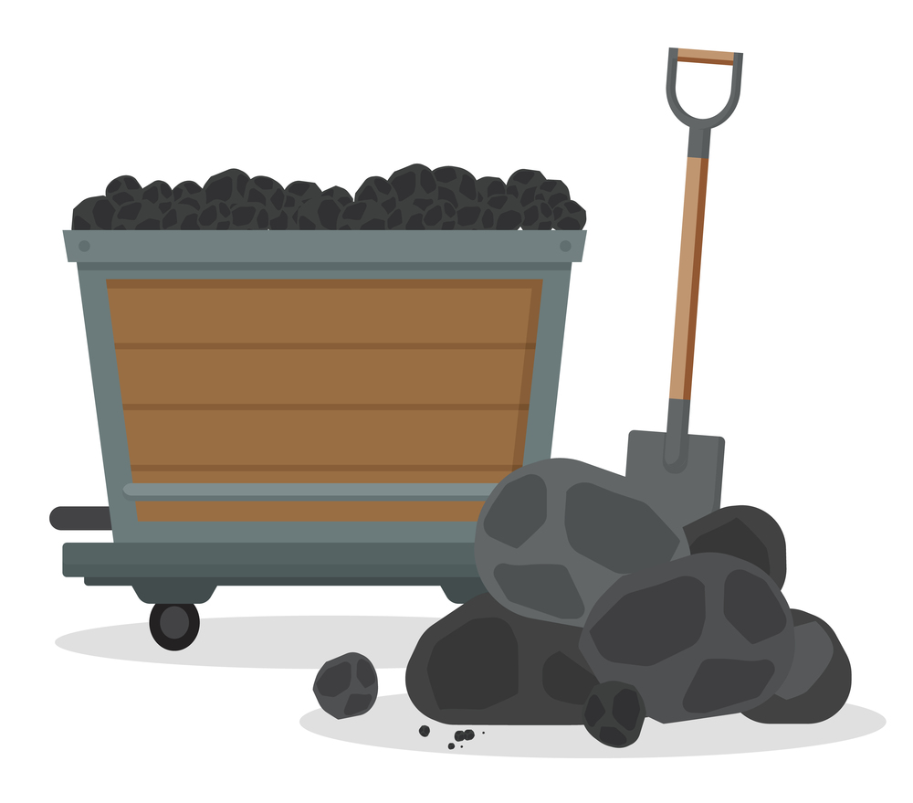 Mine cart with coal and a pile of black stones and a shovel isolated on white background. Vector equipment for work in mine, special wooden box on wheels used for transportation of soil or coal. Mine cart with coal and a pile of black stones and a shovel isolated on white background