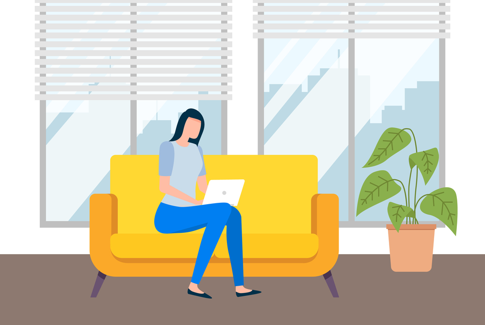 Beautiful business woman working on laptop vector illustration. Girl is sitting on the yellow couch at home. Female character spends time in her apartment. Freelancer is working with a computer. Beautiful business woman works on laptop vector illustration. Girl sits on the yellow couch at home