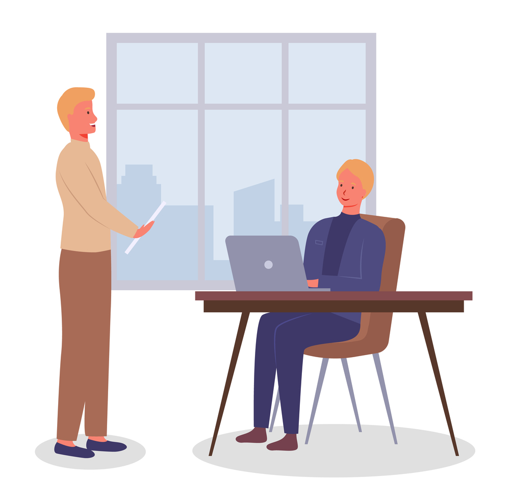 Woman sits at table uses laptop, blond man with document. Panoramic window with cityscape. Office meeting. Employees, colleagues or office staff. Communicate and work. Flat vector image on white. Colleagues in the office. Guy with document, woman with laptop in the office. Flat vector image