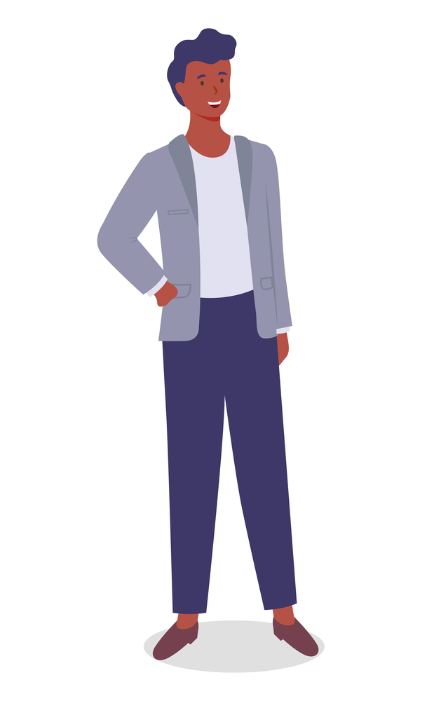Smiling man young businessman dressed in a jacket standing at full height vector illustration isolated on white background. Businessperson male character in formal clothes office worker or employee. Smiling man young businessman dressed in a jacket standing at full height vector illustration