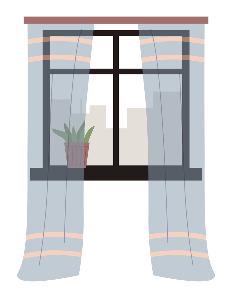 Illustration of living room window with transparent curtains and potted plant on the windowsill vector in flat style. Inside view of the interior apartment with daylight, curtains hang on a cornice. Illustration of living room window with transparent curtains and potted plant on the windowsill