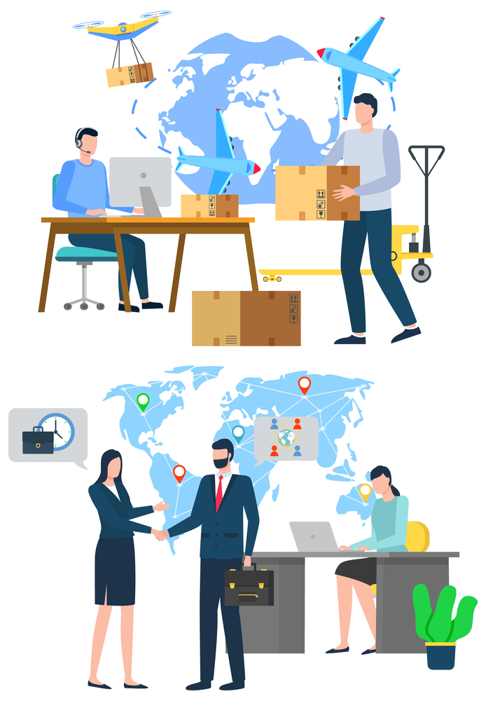 Worldwide delivery, workers handshaking, man and woman teamwork. International business, cardboard box, courier and businessman, globe and commerce vector. International Business, Worldwide Delivery Vector