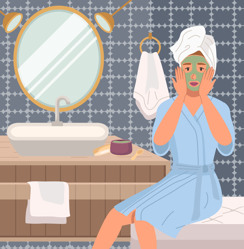Girl doing morning routine in the bathroom. Woman applying face mask to skin vector illustration. Female character smears skin care product. Person is using cosmetics to take care of her face. Girl doing morning routine in the bathroom. Woman applying face mask to skin vector illustration